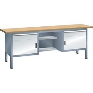 LISTA Werkbank met multiplexplaat, stellingbouw, 2 laden, 2 deuren, 4 legborden, kastframe grijs metallic, front lichtgrijs