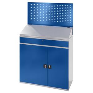 RAU Computer-werkstation, perforatiewand, lessenaar, uitschuifbaar legbord, lade, breedte 1100 mm, antraciet / gentiaanblauw