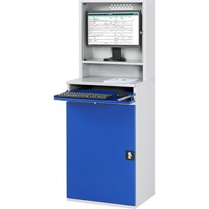 RAU Computer-werkstation, monitorbehuizing, 2 uitschuifbare legborden, breedte 650 mm, lichtgrijs / gentiaanblauw