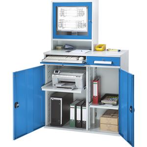 EUROKRAFTpro Computer-werkstation, staalplaat, h x b = 1770 x 1100 mm, met monitorkast, deurkleur lichtblauw