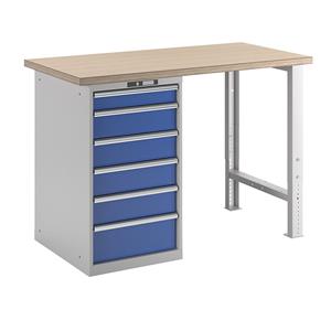 LISTA Werkbank in modulair systeem, hoogte 1040 mm, onderbouwkast, 6 laden, gentiaanblauw, tafelbreedte 1500 mm