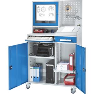EUROKRAFTpro Computer-werkstation, staalplaat, h x b = 1770 x 1100 mm, met monitorkast, perforatiewand, lessenaaropzet, deurkleur lichtblauw