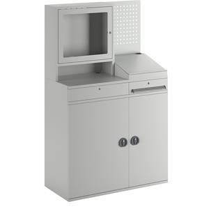 EUROKRAFTpro Computer-werkstation, staalplaat, h x b = 1770 x 1100 mm, met monitorkast, perforatiewand, lessenaaropzet, deurkleur lichtgrijs