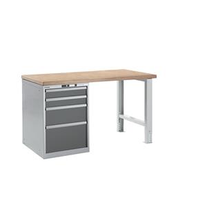 LISTA Werkbank in modulair systeem, hoogte 840 mm, onderbouwkast, 4 laden, grijsmetallic, tafelbreedte 1500 mm
