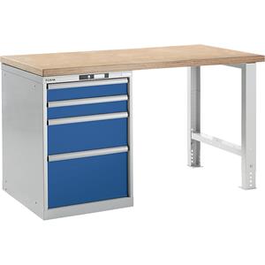 LISTA Werkbank in modulair systeem, hoogte 840 mm, onderbouwkast, 4 laden, gentiaanblauw, tafelbreedte 1500 mm