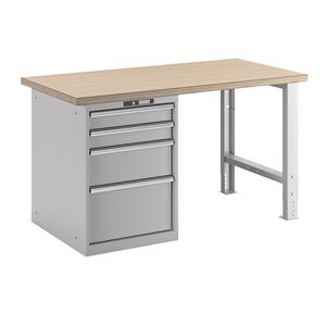 LISTA Werkbank in modulair systeem, hoogte 840 mm, onderbouwkast, 4 laden, lichtgrijs, tafelbreedte 1500 mm