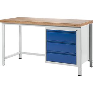 RAU Werkbank, stellingbouw, 3 laden, bladbreedte 1500 mm, gentiaanblauw