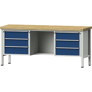 ANKE Werkbank, stellingbouw, 6 laden, ½ aflegbord, hoogte 890 mm, massief beukenhout