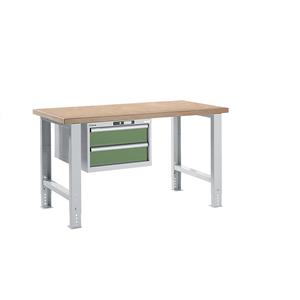 LISTA Werkbank in modulair systeem, hoogte 740 - 1090 mm, hangkast, 2 laden, resedagroen, tafelbreedte 1500 mm