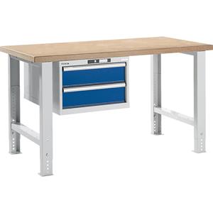 LISTA Werkbank in modulair systeem, hoogte 740 - 1090 mm, hangkast, 2 laden, gentiaanblauw, tafelbreedte 1500 mm