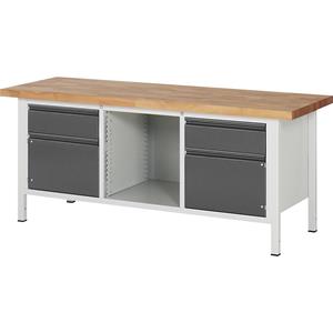 RAU Werkbank, stellingbouw, 2 laden, 2 deuren, 1 open vak, bladbreedte 2000 mm, antraciet metallic