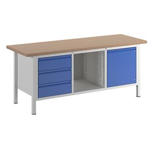 RAU Werkbank, stellingbouw, 3 laden, 1 deur, 1 open vak, bladbreedte 2000 mm, gentiaanblauw