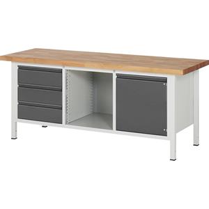 RAU Werkbank, stellingbouw, 3 laden, 1 deur, 1 open vak, bladbreedte 2000 mm, antraciet metallic