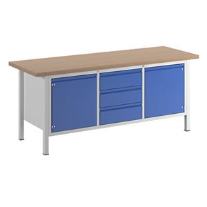 RAU Werkbank, stellingbouw, 3 laden, 2 deuren, bladbreedte 2000 mm, gentiaanblauw