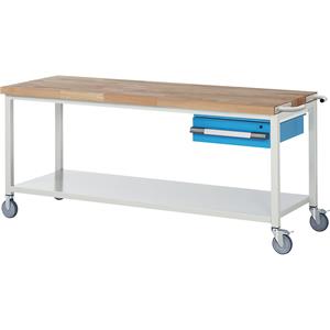 EUROKRAFTpro Verrijdbare werkbank, stellingbouw, verrijdbaar, 1 lade, legbord, breedte 2000 mm