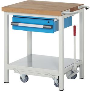 EUROKRAFTpro Verrijdbare werkbank, stellingbouw, verrijdbaar en neerlaatbaar, met 1 hanglade, legbord, breedte 750 mm