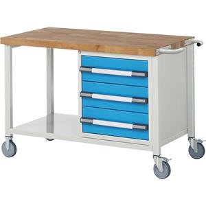 EUROKRAFTpro Verrijdbare werkbank, stellingbouw, verrijdbaar, 3 laden, legbord, breedte 1250 mm