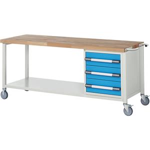 EUROKRAFTpro Verrijdbare werkbank, stellingbouw, verrijdbaar, 3 laden, legbord, breedte 2000 mm