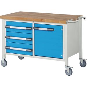 EUROKRAFTpro Verrijdbare werkbank, stellingbouw, verrijdbaar, 3 laden, 1 deur, breedte 1250 mm