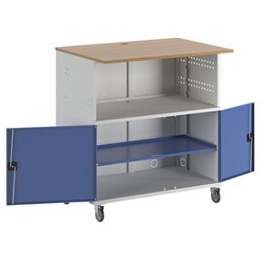 RAU Pc-tafel, met doorlopend legbord en wielenset, lichtgrijs RAL 7035 / gentiaanblauw RAL 5010