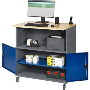 RAU Pc-tafel, met doorlopend legbord en wielenset, antraciet metallic / gentiaanblauw RAL 5010