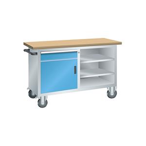 LISTA Compacte werkbank, verrijdbaar, 1 lade, 1 deur, 3 legborden, kastframe lichtgrijs, front lichtblauw