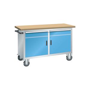 LISTA Compacte werkbank, verrijdbaar, 2 laden, 2 deuren, 2 legborden, kastframe lichtgrijs, front lichtblauw