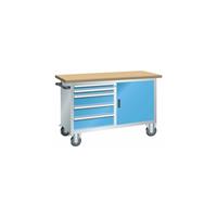 LISTA Compacte werkbank, verrijdbaar, 5 laden, 1 deur, 1 legbord, kastframe lichtgrijs, front lichtblauw