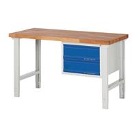 Promat Werkbank | serie BK 650 | B1500xD700xH790-1140mm beukenhout | lichtgrijs RAL7035 gentiaanblauw RAL5010 | 2 laden - 9000425536 9000425536