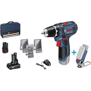 Bosch GSR 12V-15 + GLI DeciLED Accu-schroefboormachine 12 V 2 Ah, 4 Ah Li-ion Incl. acculamp, Incl. 2 accus, Incl. accessoires, Incl. tas