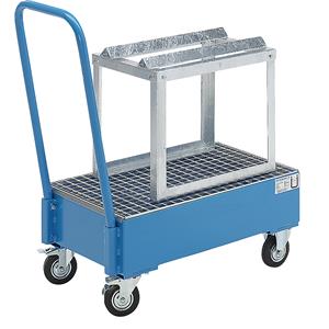 EUROKRAFTbasic Verrijdbare opvangbak van plaatstaal, l x b = 800 x 500 mm, 1 vat van 60 l liggend, blauw RAL 5012