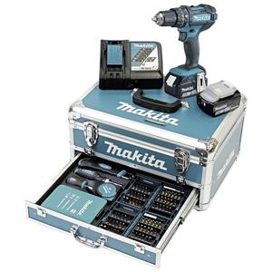 makita Akku-Schlagbohrschrauber 18V / 3,0 Ah, 2 Akkus + Ladegerät im Alukoffer + 96-teilig. Zubehör-Set DHP482RFX9