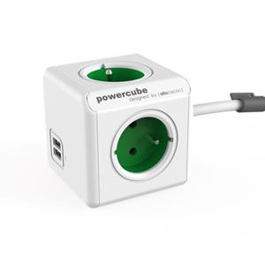 Allocacoc 6403GN/BEEUPC PowerCube Extended 3 Sockets Type E + USB Wit/Groen - 1,5 meter