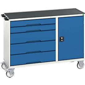 Bott verso montagewagen, verrijdbaar, 5 laden, tot 50 kg per lade, volledig uittrekbaar, B 1300 x D 550 x H 965 mm, deur & afrolrand, plaatstaal, grijs-blauw