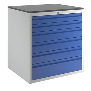 RAU Ladekast met telescopische geleiders, hoogte 820 mm, laden 2 x 90, 3 x 120, 1 x 180 mm, lichtgrijs / gentiaanblauw, breedte 770 mm