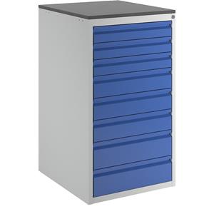 RAU Ladekast met telescopische geleiders, hoogte 1030 mm, laden 3 x 90, 3 x 120, 2 x 150 mm, lichtgrijs / gentiaanblauw, breedte 580 mm