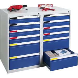 Ladekast, breedte 1000 mm, 12 laden, lichtgrijs/gentiaanblauw