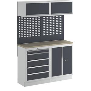 Werkplaatskastsysteem met vleugeldeur en onderkast met laden, b x d = 1360 x 460 mm, lichtgrijs / antracietgrijs