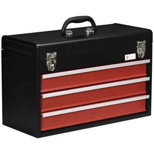 DURHAND Gereedschapskoffer, robuuste gereedschapskist met 3 afsluitbare laden, stalen behuizing, voor klussen, 51x22x32 cm, Zwart en Rood | Aosom.nl