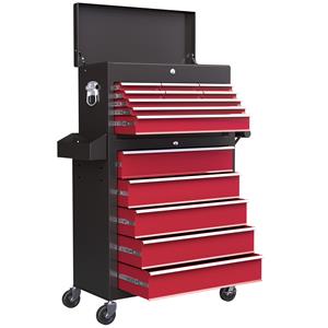 HOMCOM Gereedschapswagen, Tweedelig, Afsluitbaar, 14 Laden, Zijwand met Gaten, Staal, Rood