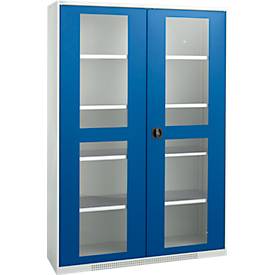 Schäfer Shop Genius metalen materiaalkast FS, met kijkvenster, ventilatiegaten, B 1343 x D 520 x H 1950 mm, 5 OH, tot 750 kg, lichtgrijs/gentiaanblauw