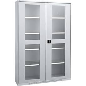 Schäfer Shop Genius metalen materiaalkast FS, met kijkvenster, ventilatiegaten, B 1343 x D 520 x H 1950 mm, 5 OH, tot 750 kg, blank alu.kleurig/blank alu.kleurig