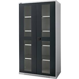 Schäfer Shop Genius zware werkkast FS, plaatstaal, met kijkvenster, B 1055 x D 520 x H 1950 mm, 5 OH, blank aluminiumkleurig/antracietgrijs, tot 1000 kg