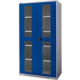 Schäfer Shop Genius zware werkkast FS, plaatstaal, met kijkvenster, B 1055 x D 520 x H 1950 mm, 5 OH, blank aluminiumkleurig/gentiaanblauw, tot 1000 kg