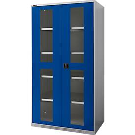 Schäfer Shop Genius zware werkkast FS, plaatstaal, met kijkvenster, B 1055 x D 620 x H 1950 mm, 5 OH, witaluminium/enziumblauw, tot 1000 kg