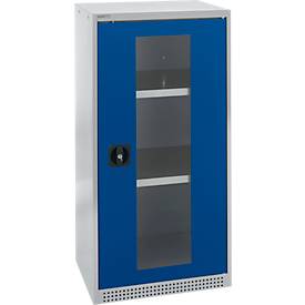 Schäfer Shop Genius dubbeldeurskast FS, staal, kijkvenster, ventilatiegaten, B 545 x D 520 x H 1105 mm, 3 OH, witaluminium/ gentiaanblauw, tot 150 kg