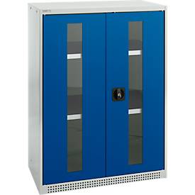 Schäfer Shop Genius dubbeldeurskast FS, staal, kijkvenster, ventilatiegaten, B 810 x D 520 x H 1105 mm, 3 OH, lichtgrijs/ gentiaanblauw, tot 180 kg