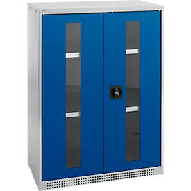 Schäfer Shop Genius dubbeldeurskast FS, staal, kijkvenster, ventilatiegaten, B 810 x D 520 x H 1105 mm, 3 OH, witaluminium/ gentiaanblauw, tot 180 kg