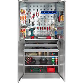 Schäfer Shop Select Materiaalkast MSI 2409, met geperforeerde roosterwanden op halve hoogte, met 3 legborden & 2 laden, B 950 x D 400 x H 1935 mm, wit aluminium