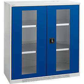 Schäfer Shop Genius dubbeldeurskast FS, staal, kijkvenster, ventilatiegaten, B 1055 x D 520 x H 1105 mm, 3 OH, lichtgrijs/ gentiaanblauw, tot 300 kg